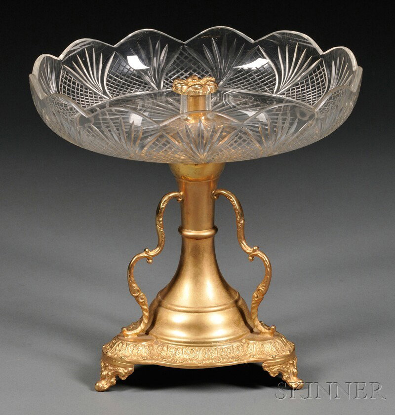Gilt-metal and Cut Glass Centerpiece, 20th century,: Gilt-metal and Cut Glass Centerpiece, 20th century, the shallow bowl with scalloped edges over loaded tripod base, ht. 10 1/8 in.