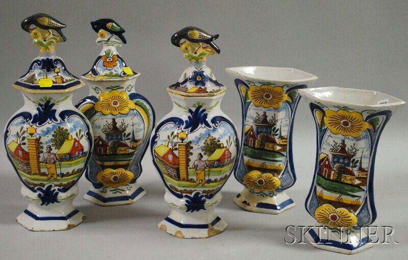 Assembled Five-piece Dutch Delft Polychrome-decorat: Assembled Five-piece Dutch Delft Polychrome-decorated Vase Garniture, Holland, late 18th century, polychrome reserves with village and gardener, (chips, repairs), ht. 9 3/4-10 1/4 in.