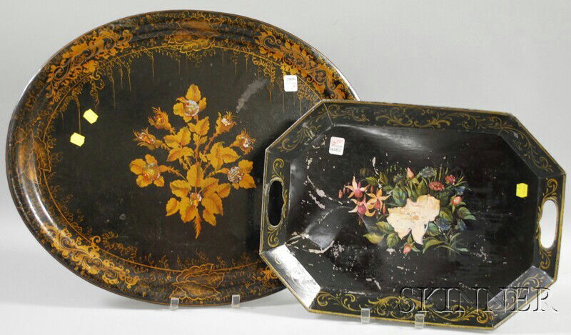 Two Hand-painted Floral-decorated Toleware Trays,: Two Hand-painted Floral-decorated Toleware Trays, one oval with abalone inlay to the blossom centers, the other chamfered rectangular-form with pierced handholds and central floral spray decoration, (