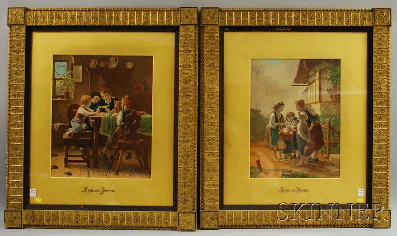 After Meyer von Bremen, (German, 1813-1836) Two Sc: After Meyer von Bremen, (German, 1813-1836) Two Scenes of Children. Artist identified in inscriptions l.r., and name painted on the mat; colorist's name stamped l.r. corner, hand-colored lithographs o