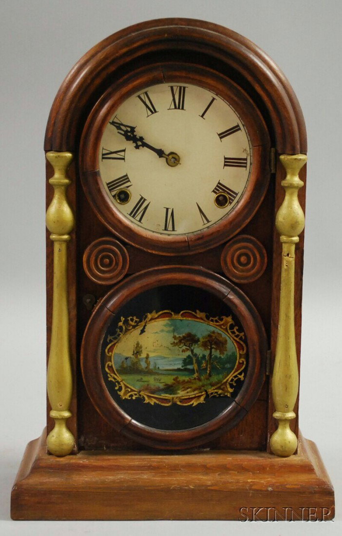E. Ingraham "Venetian" Shelf Clock, Bristol, Conne: E. Ingraham "Venetian" Shelf Clock, Bristol, Connecticut, replaced paper dial with Roman numerals, figure eight door with rosettes and a reverse-painted lower tablet, eight-day time and strike movemen