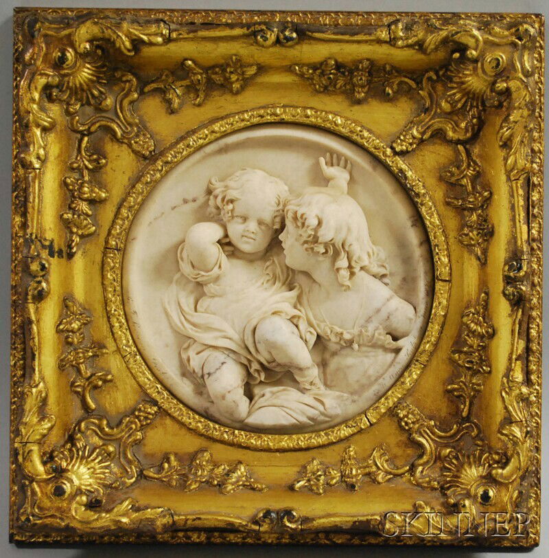 Wyon Alabaster Plaque of Two Children, signed "E.W: Wyon Alabaster Plaque of Two Children, signed "E.W. Wyon" and dated "1848," in carved giltwood frame, (minor losses), plaque dia. 6 5/8, framed dimensions 11 1/2 x 11 1/2 in.