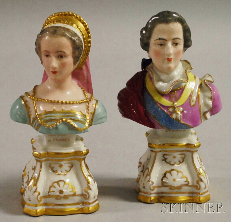 Pair of Small Continental Porcelain Gilt-decorated: Pair of Small Continental Porcelain Gilt-decorated Busts of French Royalty, Louis XV and Claude de France, with underglazed M in a triangle mark, (minor gilt loss), ht. 5 3/4 in.