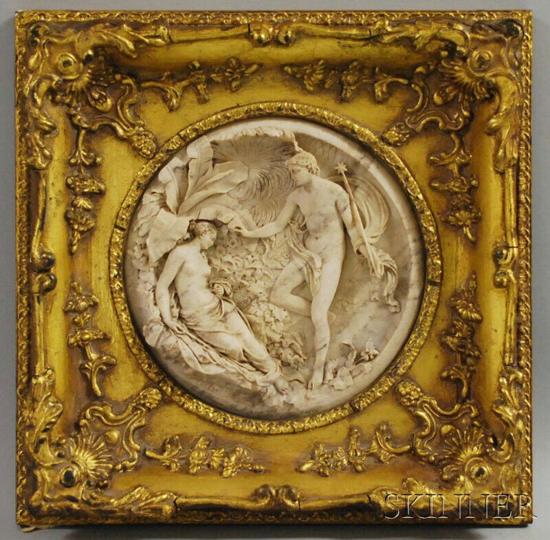 Wyon Alabaster Plaque of Classical Figures, signed: Wyon Alabaster Plaque of Classical Figures, signed "E.W. Wyon" and dated "1848," in carved giltwood frame, (minor losses), plaque dia. 6 5/8, framed dimensions 11 1/2 x 11 1/2 in.