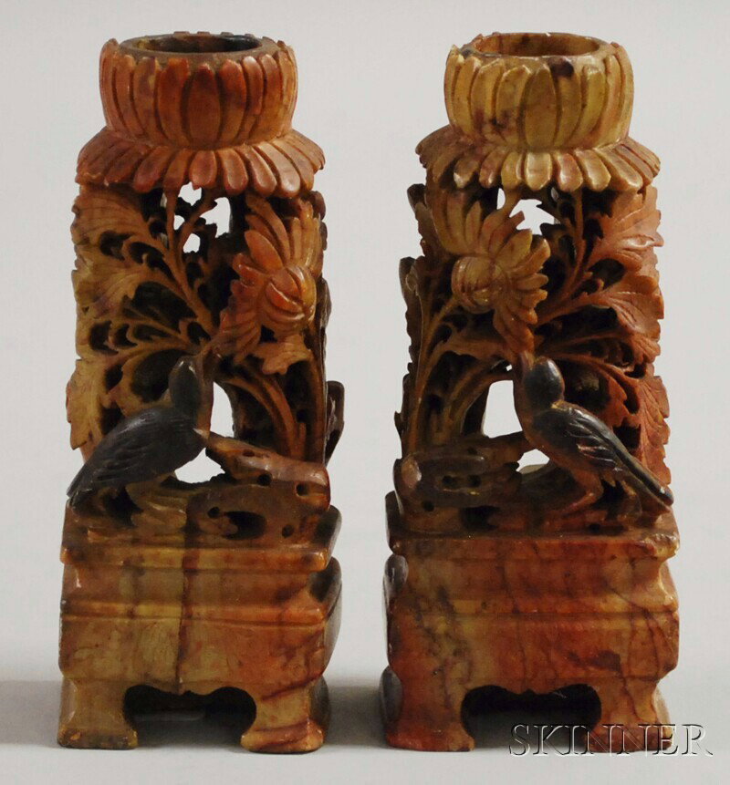Pair of Carved Soapstone Candleholders, with bases: Pair of Carved Soapstone Candleholders, with bases of a bird on a flowering tree and flower-form candle cups, (losses), ht. 5 1/8 in.