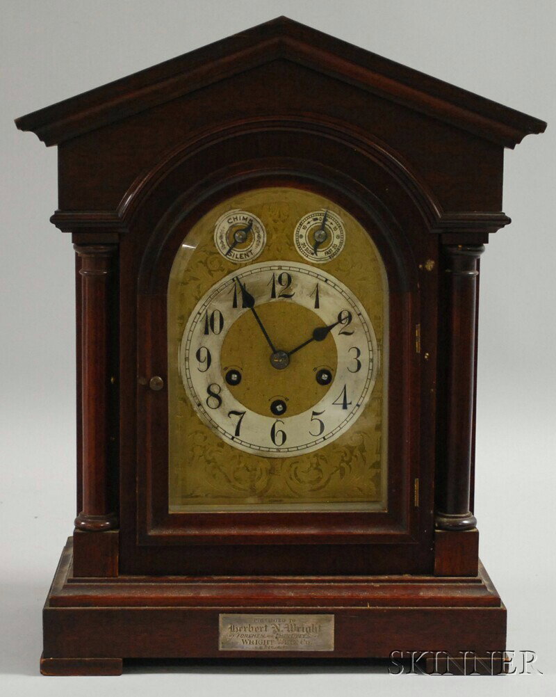 Mahogany Quarter-chiming Mantel Clock, Germany, br: Mahogany Quarter-chiming Mantel Clock, Germany, brass dial with applied Arabic numeral chapter ring, eight-day time, strike, and quarter-chime movement, ht. 17 in.