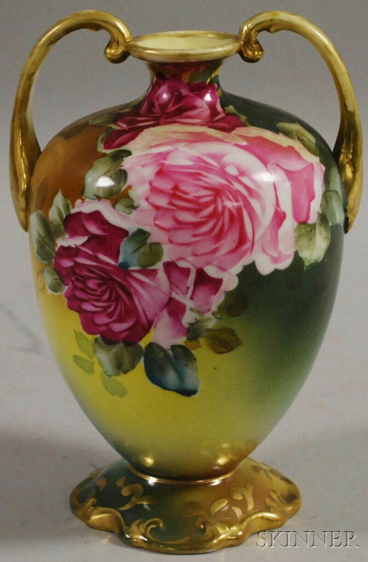 Nippon Hand-painted Gilt-decorated Two-handled Vas: Nippon Hand-painted Gilt-decorated Two-handled Vase, with painted rose decoration, (gilt loss), ht. 8 1/2 in.