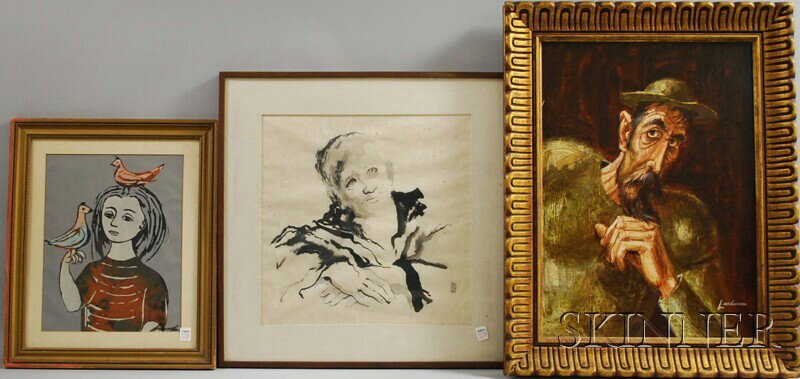 Three Framed 20th-Century Portraits in Assorted Me: Three Framed 20th-Century Portraits in Assorted Media Carlos Lacßmara (Cuban/American, 1928-2007), Don Quixote, signed "Lacßmara" l.r., acrylic on Masonite, 24 x 17 3/8 in.; American School,