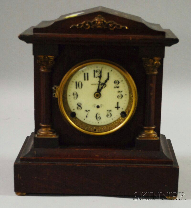 Seth Thomas Mahogany Mantel Clock, with eight-day: Seth Thomas Mahogany Mantel Clock, with eight-day time and strike movement, ht. 11 3/4 in.