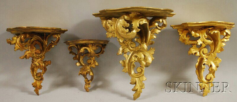 Four Carved Giltwood Wall Brackets, (cracks, repai: Four Carved Giltwood Wall Brackets, (cracks, repairs), lg. 6 3/4 to 11 1/2 in.