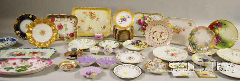 Large Lot of Assorted Floral Decorated Porcelain T: Large Lot of Assorted Floral Decorated Porcelain Tableware, including twenty-four miscellaneous gilt, hand-painted and transfer-decorated plates and table items, five assorted trays, a small plaque, t