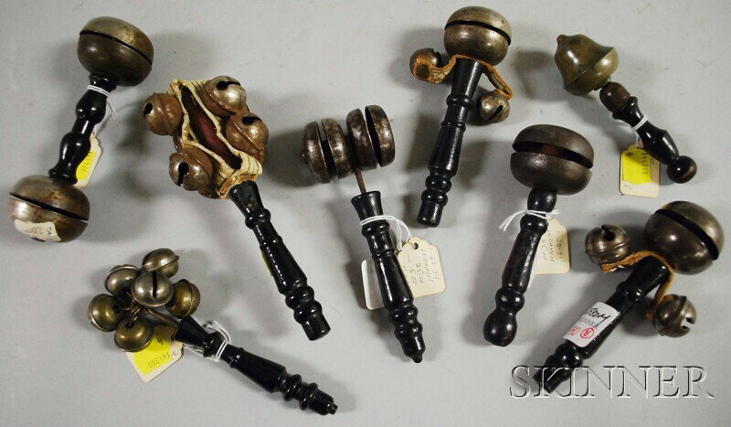 Eight Ebonized Turned Wood-handled Baby Rattles wi: Eight Ebonized Turned Wood-handled Baby Rattles with Bells.