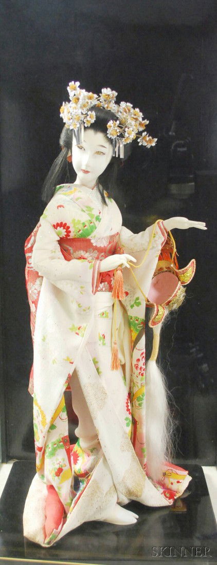 Japanese Costume Doll in a Glass Display Case on S: Japanese Costume Doll in a Glass Display Case on Stand, doll approx. ht. 22 1/2 in.