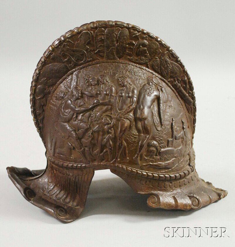 Reproduction Italian Renaissance Roman Revival Emb: Reproduction Italian Renaissance Roman Revival Embossed Cast Iron Military Helmet, ht. 11, lg. 13 in.