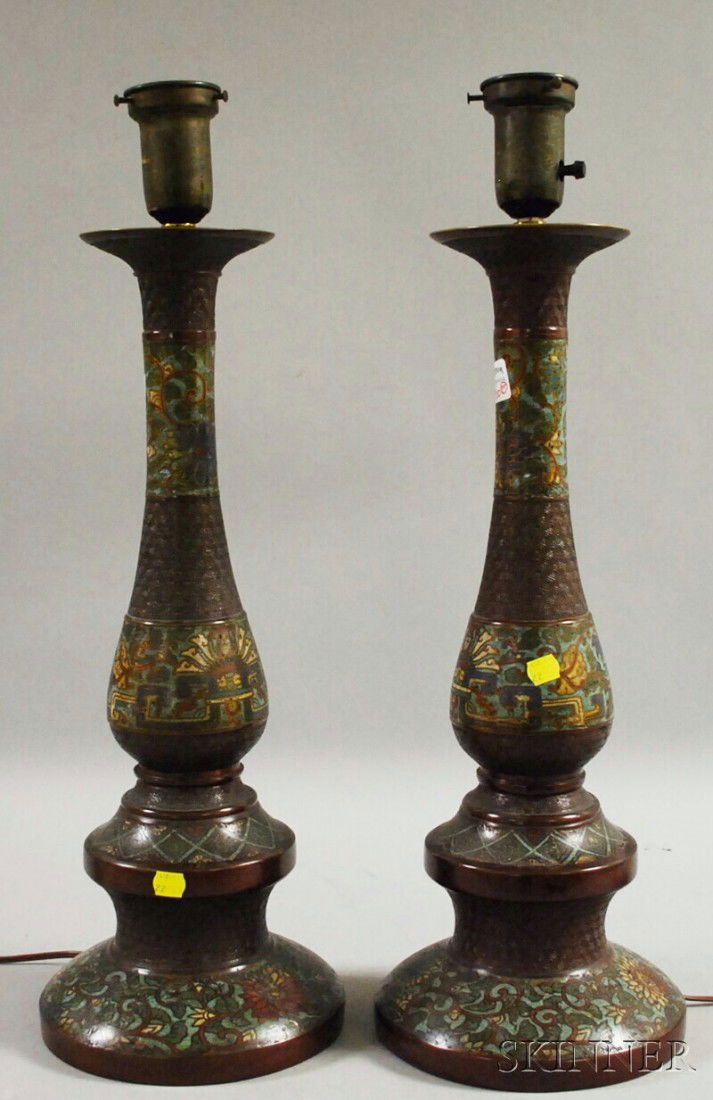Pair of Chinese Bronze Champleve Pricket Candlesti: Pair of Chinese Bronze Champleve Pricket Candlestick/Table Lamps, ht. 21 3/4 in.