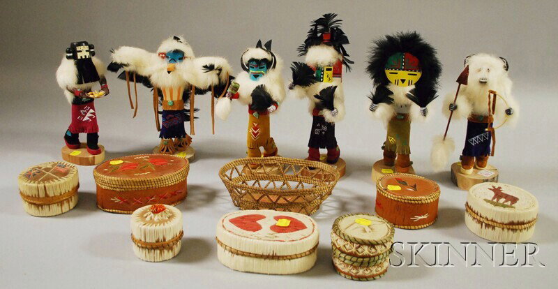 Six Modern Kachinas and Eight Native American Birc: Six Modern Kachinas and Eight Native American Birch Bark Items.