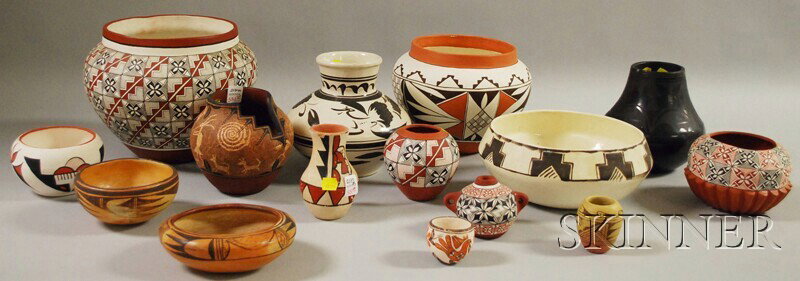 Large Group of Southwest Pottery Items, including : Large Group of Southwest Pottery Items, including a Maria Martinez black-on-black jar converted to a lamp base, (damage).