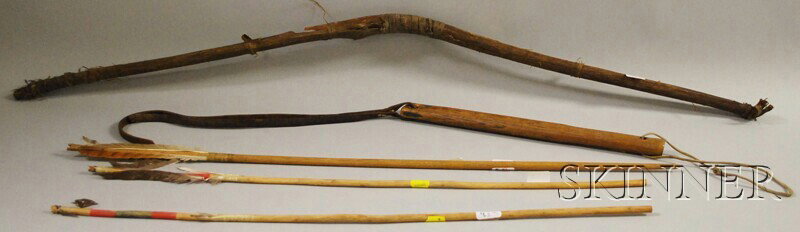 Group of American Indian Archery Items, Plains sin: Group of American Indian Archery Items, Plains sinew-backed relic-condition wooden bow, wood quirt, and three arrows.