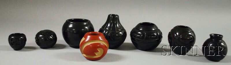 Eight Contemporary Southwest Carved Pottery Bowls,: Eight Contemporary Southwest Carved Pottery Bowls, seven signed, including Anita Sauzo, Carol Velarde, Jennifer Naranjo, Sunday Chevarria, Tina Garcia, and Johanna + Anthony. Tallest piece 4 in.