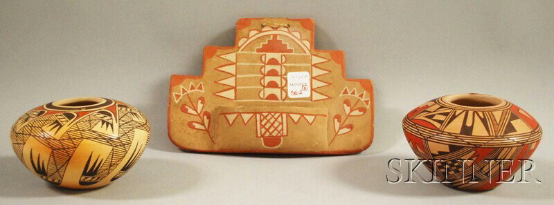 Three Southwest Pottery Items, a San Juan match ho: Three Southwest Pottery Items, a San Juan match holder and two Hopi bowls, signed, one Miriam Nampeyo and one Roberta Youvella Silas.