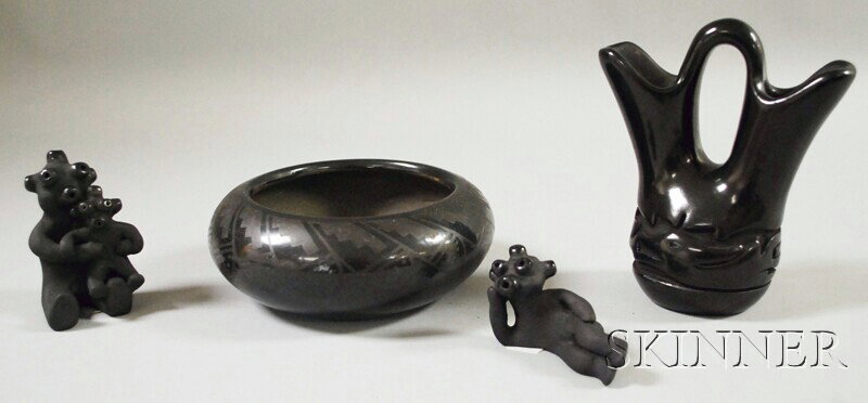 Four Southwest Blackware Pottery Items, signed, a : Four Southwest Blackware Pottery Items, signed, a Blue Corn bowl, a Mida Tafoya wedding jar, and two Dorothy and Paul Gutierrez figures.