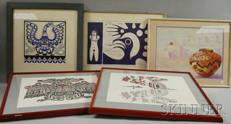 Five Framed Pacific Northwest and Inuit Prints: in: Five Framed Pacific Northwest and Inuit Prints: including Richard Hunt, Kwa-Gulth Loon, signed, titled, and numbered "8/120" in pencil, sight size 17 1/4 x 22; Mack Henderson, Raven Transformation, s