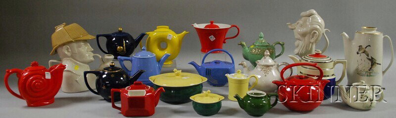 Collection of Hall China Teapots and Serving Items: Collection of Hall China Teapots and Serving Items, including nine 1940 New York World's Fair, eleven Ronald Reagan teapots, ten automobile-shaped teapots, with creamers, sugars, casseroles, etc., app
