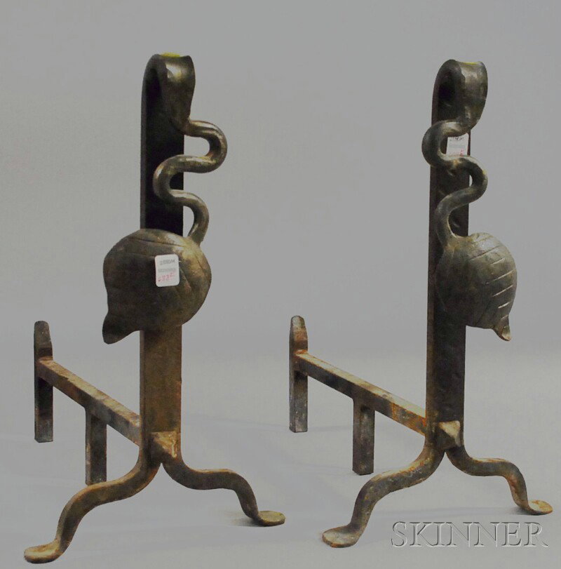 Pair of Arts & Crafts-style Wrought Iron Leaf-deco: Pair of Arts & Crafts-style Wrought Iron Leaf-decorated Andirons, ht. 18, lg. 16 in.