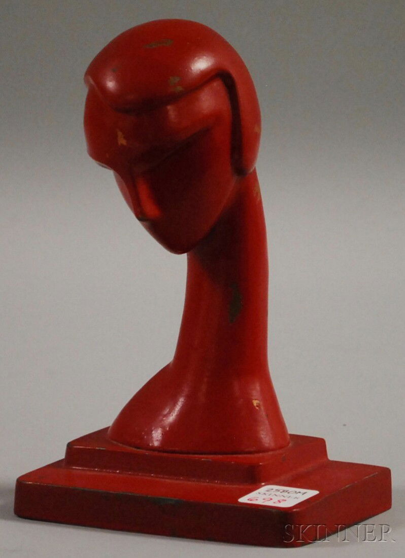 Frankart Art Deco Red-painted Cast Metal Bust of a: Frankart Art Deco Red-painted Cast Metal Bust of a Woman, (copper-plating under red paint), ht. 7 1/2 in.