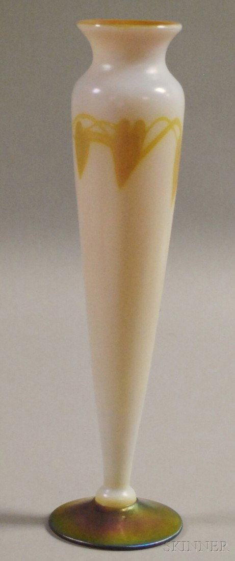 Iridescent Art Glass Vase, trumpet-form with gold : Iridescent Art Glass Vase, trumpet-form with gold iridescent interior rim, foot, and heart and vine decoration, broken pontil, spurious mark, ht. 13 3/8 in.