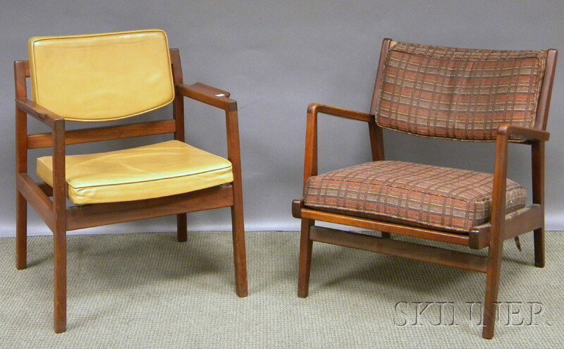 Two Jens Risom Walnut Armchairs with Upholstered C: Two Jens Risom Walnut Armchairs with Upholstered Cushions.