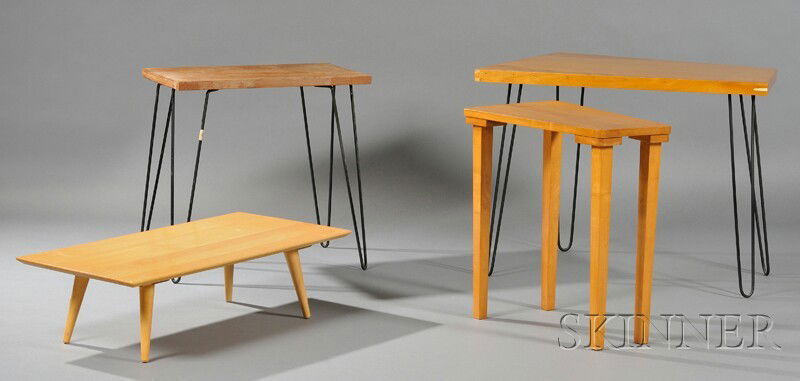 Paul McCobb Planner Group Maple Coffee Table and T: Paul McCobb Planner Group Maple Coffee Table and Three Other Modern Tables, mid-20th century, a rectangular-top coffee table; rectangular top and angular top tables, both on hairpin legs; and an angul