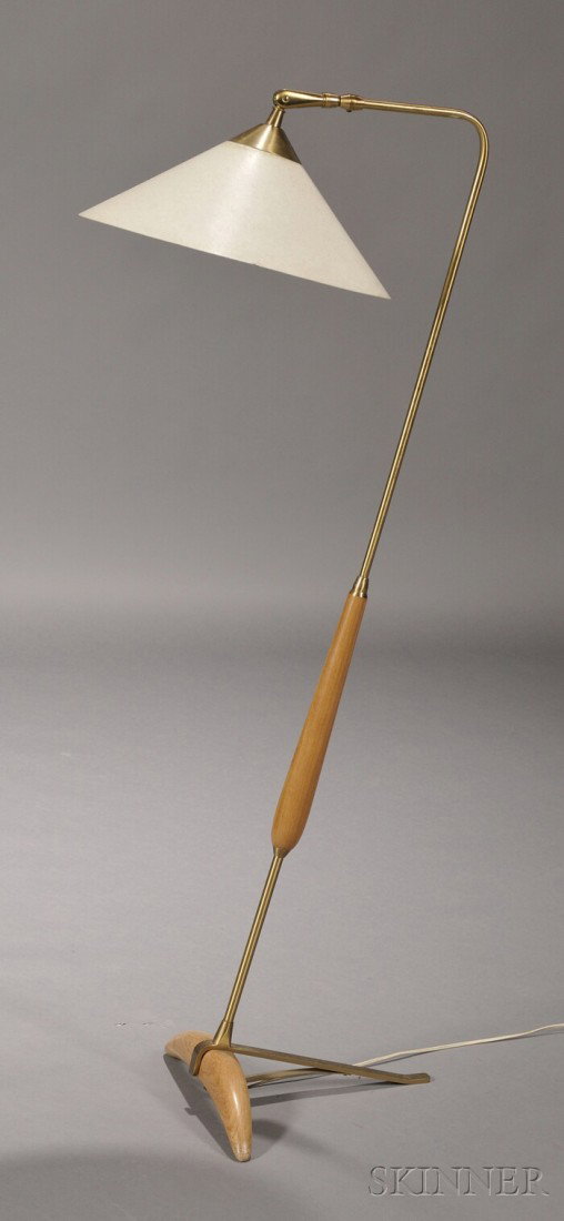 Mid-century Modern Brass Floor Lamp, conical white: Mid-century Modern Brass Floor Lamp, conical white fiberglass shade (minor losses), pivots on bent arm continuing to angular standard raised on curved wood base with brass support, approx. ht. 49 3/4 