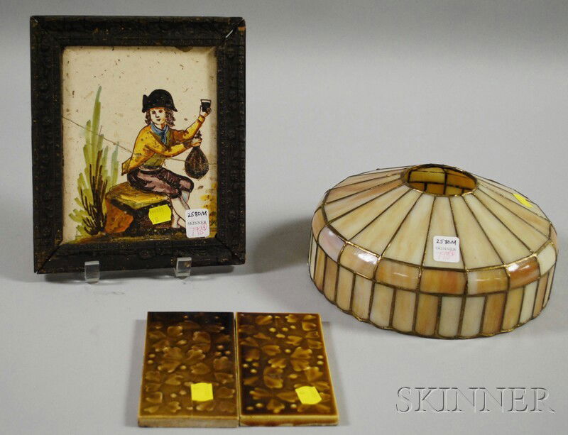Small Leaded Caramel Slag Art Glass Lamp Shade, Tw: Small Leaded Caramel Slag Art Glass Lamp Shade, Two J. & J.G. Low Glazed Art Tiles, and a Framed Faience Tile, shade ht. 4, dia. 9 1/4, top opening dia. 2 5/8 in.