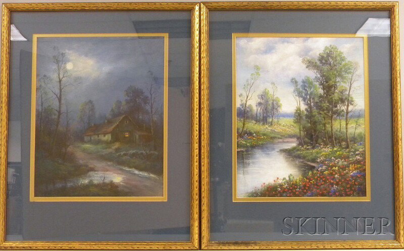 Walter Whitcomb Thompson (American, 1882-1948) Two: Walter Whitcomb Thompson (American, 1882-1948) Two Landscapes: Cottage by Moonlight and Spring Meadow. Moonlight signed "W.W. Thompson" l.l., Spring signed