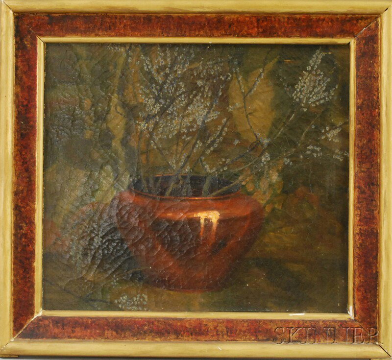 American School, 19th/20th Century Still Life with: American School, 19th/20th Century Still Life with Copper Pot. Unsigned, with a canvas stencil from Devoe Artist Materials, New York, on the reverse. Oil on canvas, 18 x 20 in., framed. Condition: Cra