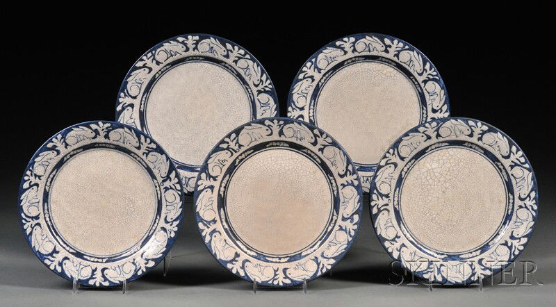 Five Dedham Pottery Rabbit Pattern Plates, decorat: Five Dedham Pottery Rabbit Pattern Plates, decorated by Maude Davenport, blue ink stamp mark on base, (one plate with hairline), dia. 8 1/2 in.