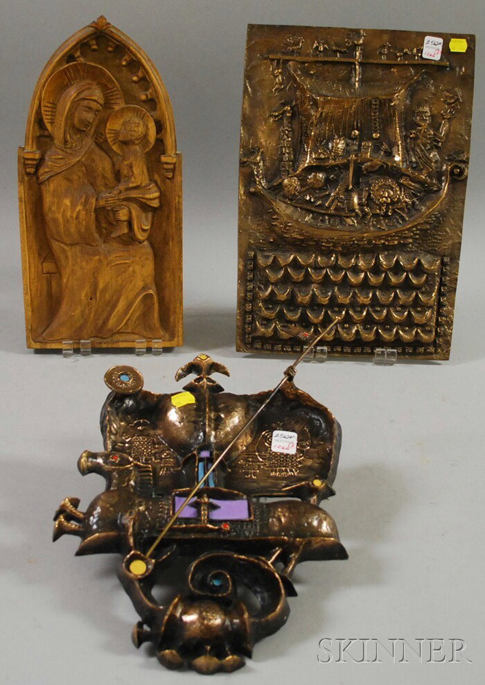 Two Mid-century Cast Bronze Wall Plaques, and a Ca: Two Mid-century Cast Bronze Wall Plaques, and a Carved Wood Wall Plaque, depicting Noah's Ark signed "Koposanyi," an enamel-highlighted Don Quixote-themed plaque, and the Madonna and Child, lg. 16, 15