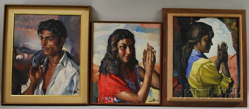 Manuel Del Moral Hildago (Spanish, b. 1930) Three : Manuel Del Moral Hildago (Spanish, b. 1930) Three Portraits: El Trabajador, Gypsy Girl in Red and Gypsy Girl in Yellow. All signed "Del Moral" l.r., Trabajador