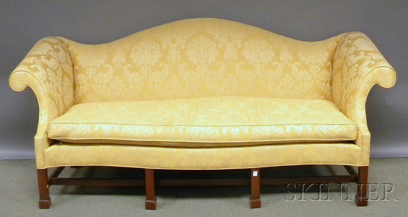 Kaplan & Fox Chippendale-style Damask-upholstered : Kaplan & Fox Chippendale-style Damask-upholstered Mahogany Sofa, lg. 84 in.