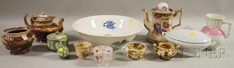 Twelve Pieces of Assorted Ceramics and Teaware, tw: Twelve Pieces of Assorted Ceramics and Teaware, two Wedgwood light green jasper dip items, a lidded box and a small bud vase, (minor crack to base of box), a chamber basin and jug, ironstone covered s