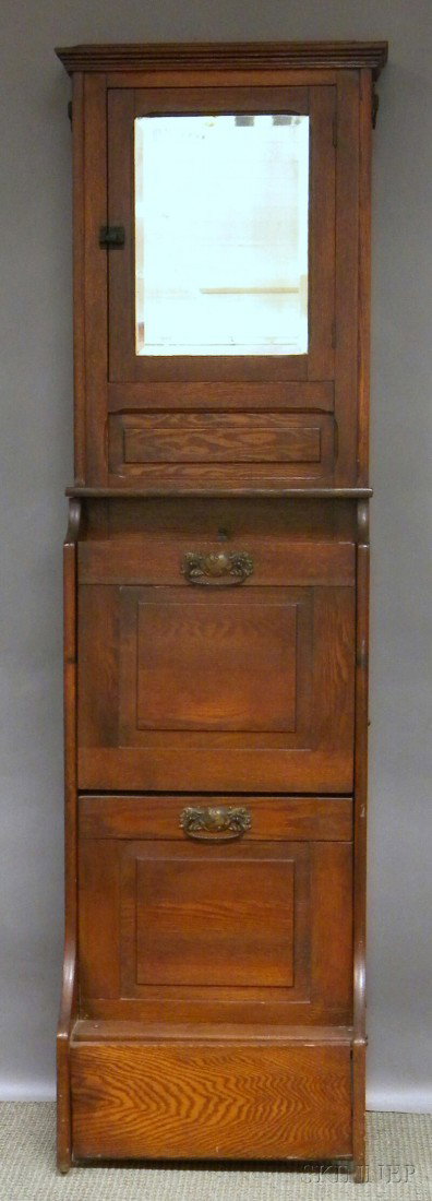 Late Victorian Oak and Mirrored Pullman Car Fall-f: Late Victorian Oak and Mirrored Pullman Car Fall-front Cabinet Sink, (crest corner losses, scattered minor wear and imperfections, minor glass imperfections), ht. 72, wd. 19 3/4, dp. 15 in.