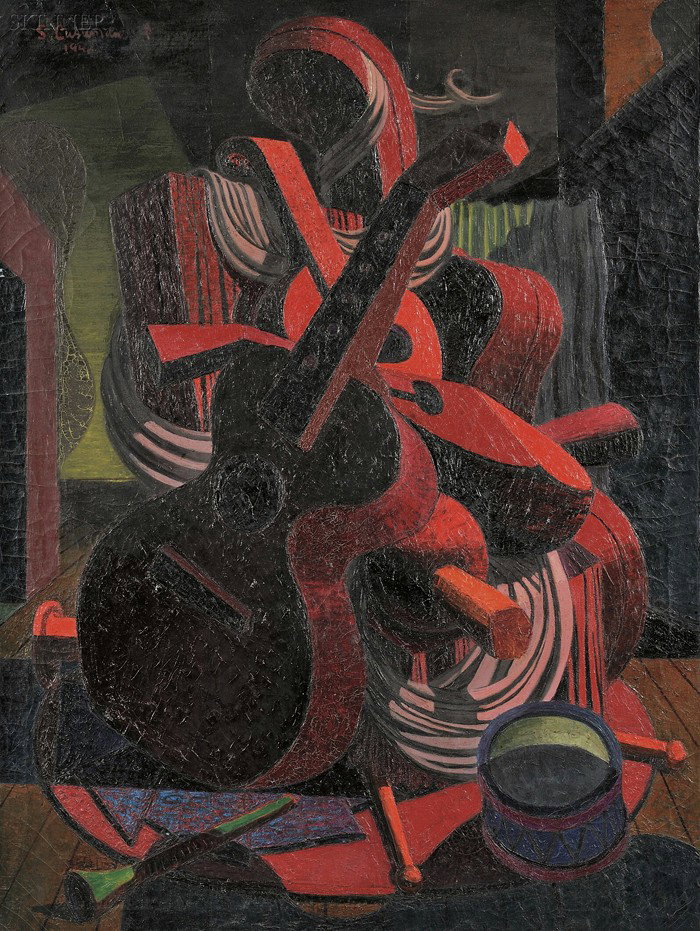 Stefano Cusumano (American, 1912-1975) Orphic Sti: Stefano Cusumano (American, 1912-1975) Orphic Still Life Signed and dated "S. Cusumano 1948" u.l. Oil on canvas, 48 x 36 in., framed. Condition: Losses, craquelure, surface grime.