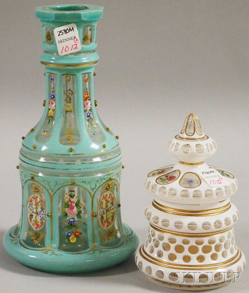 Two Bohemian Cased-cut-to-clear Art Glass Items,: Two Bohemian Cased-cut-to-clear Art Glass Items, a turquoise jeweled and enamel floral-decorated decanter, and a white and enamel-decorated jar, (decanter lacking stopper).