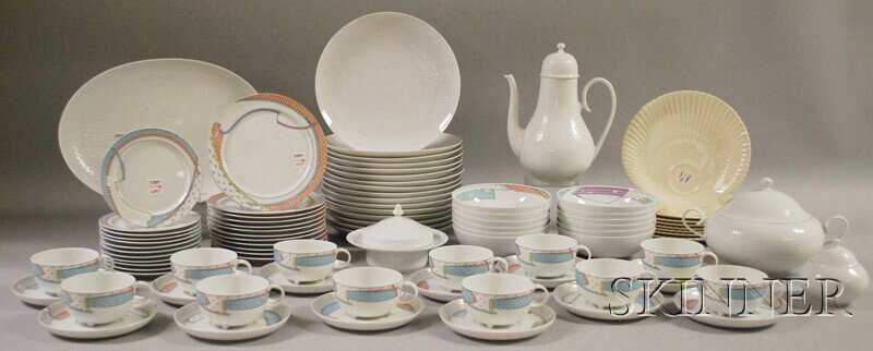 Group of Assorted European Tableware, including e: Group of Assorted European Tableware, including eight Wedgwood shell-form tennis/snack plates in ivory, a modern white porcelain sugar bowl made by Spal Portugal for the Horchow Collection, and two pa