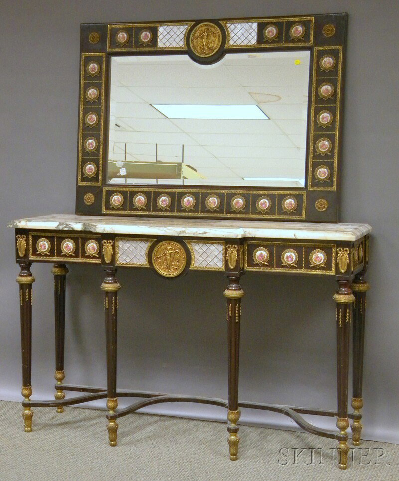 Louis XVI-style Marble-top Gilt-metal and Porcela: Louis XVI-style Marble-top Gilt-metal and Porcelain-mounted Ebonized Wood Console Table with Mirror, table ht. 33, wd. 53, dp. 14 3/4, mirror 30 3/4 x 43 in.