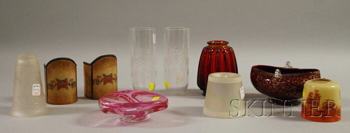 Ten Art Glass Table Items and Shades, including a: Ten Art Glass Table Items and Shades, including a triangular pink Val St. Lambert dish, a red and gold Murano-style bowl, a pair of wall sconce shades, two etched hurricanes, and four additional shade