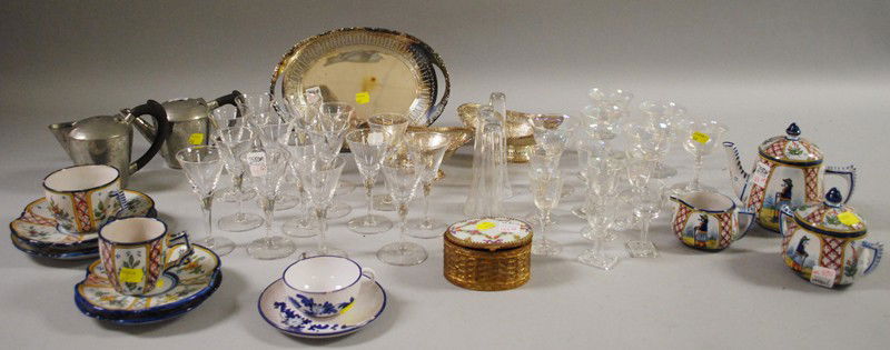 Group of Silver-plate, Glassware, Pewter, and Cer: Group of Silver-plate, Glassware, Pewter, and Ceramics, including Birks silver-plated basket and a pair of baskets, two Liberty & Co. hammered pewter pots, nine pieces of Quimper tableware, a set of f