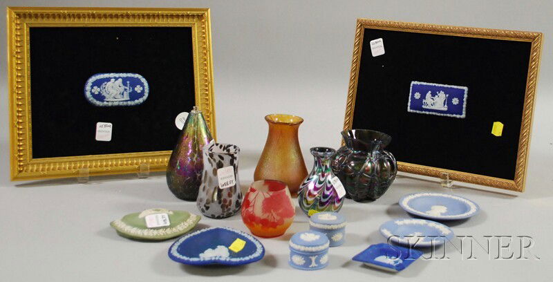 Six Pieces of Assorted Art Glass and Nine Small J: Six Pieces of Assorted Art Glass and Nine Small Jasper Articles, including Loetz, modern studio, and Galle, three jasper covers, four small dishes and trays, and two small boxes.