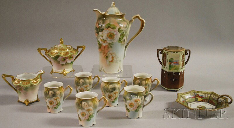 Three Groups of Hand-painted and Transfer-decorat: Three Groups of Hand-painted and Transfer-decorated Porcelain Tableware, a Bavarian seven-piece floral-decorated chocolate set, a Nippon landscape-decorated vase and dish, and a Nippon gilt and floral